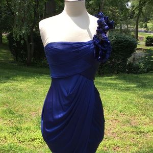 Single strap navy satin like cocktail dress.